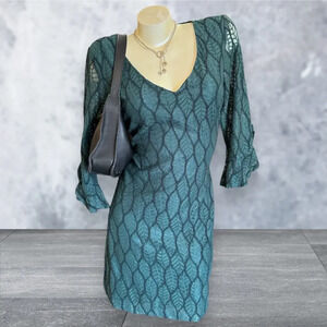 Karl Lagerfeld Green Leaf Lace Shift Dress, Knee Length, Size Large (10)